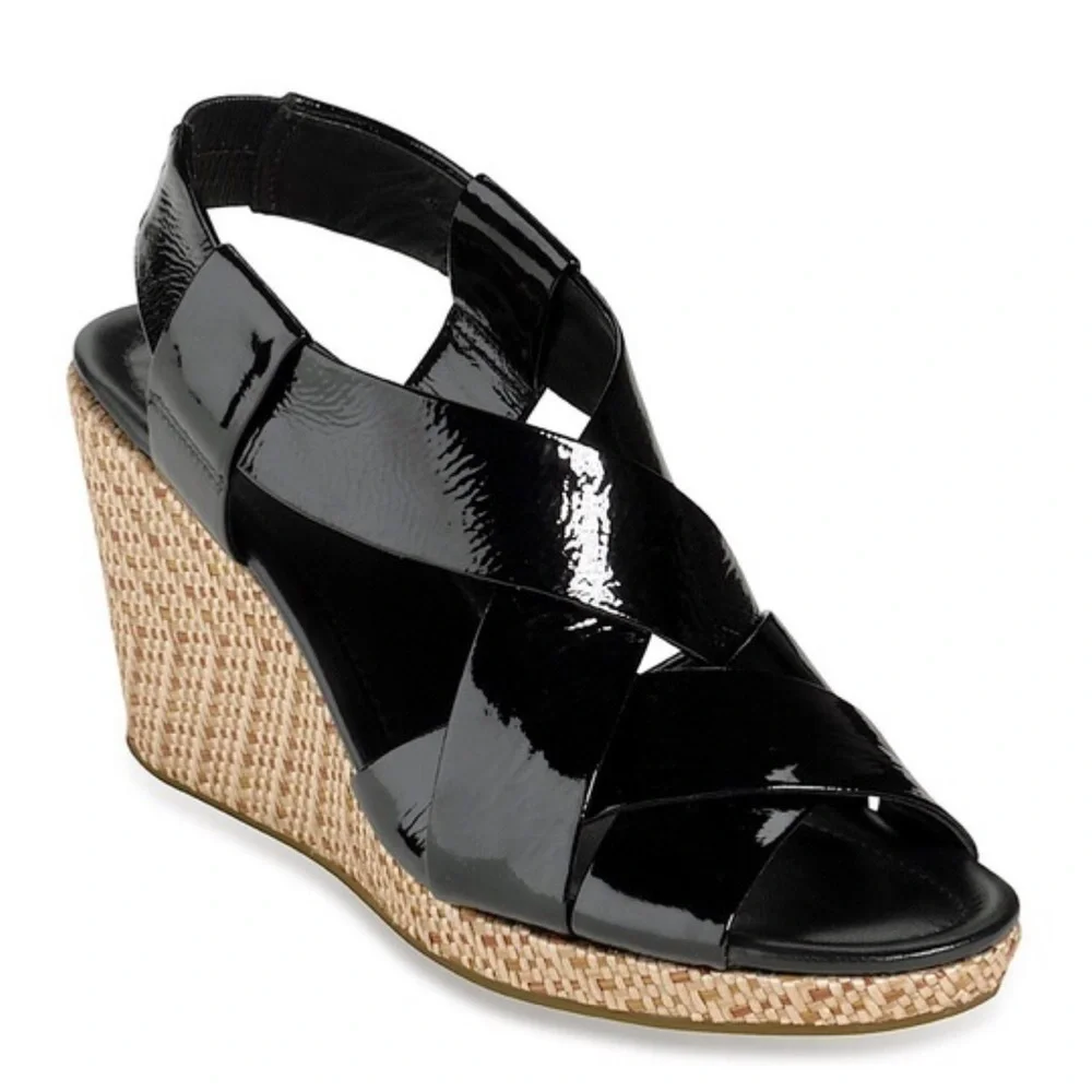 Cole‎ Haan Nike Air Dinah Black Patent Leather Platform Wedge Sandal Size 10AA